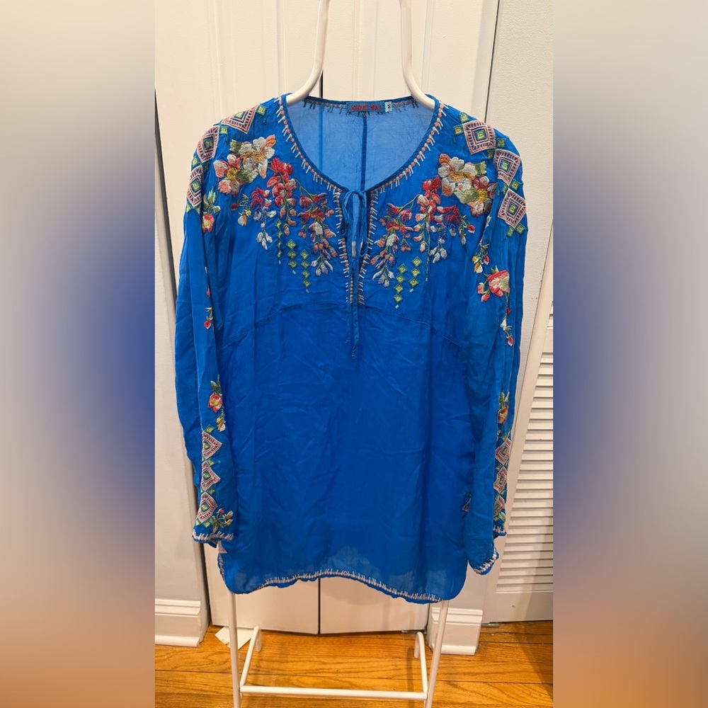 Johnny Was Taifa Blouse Womens Size M Tunic Floral Blue